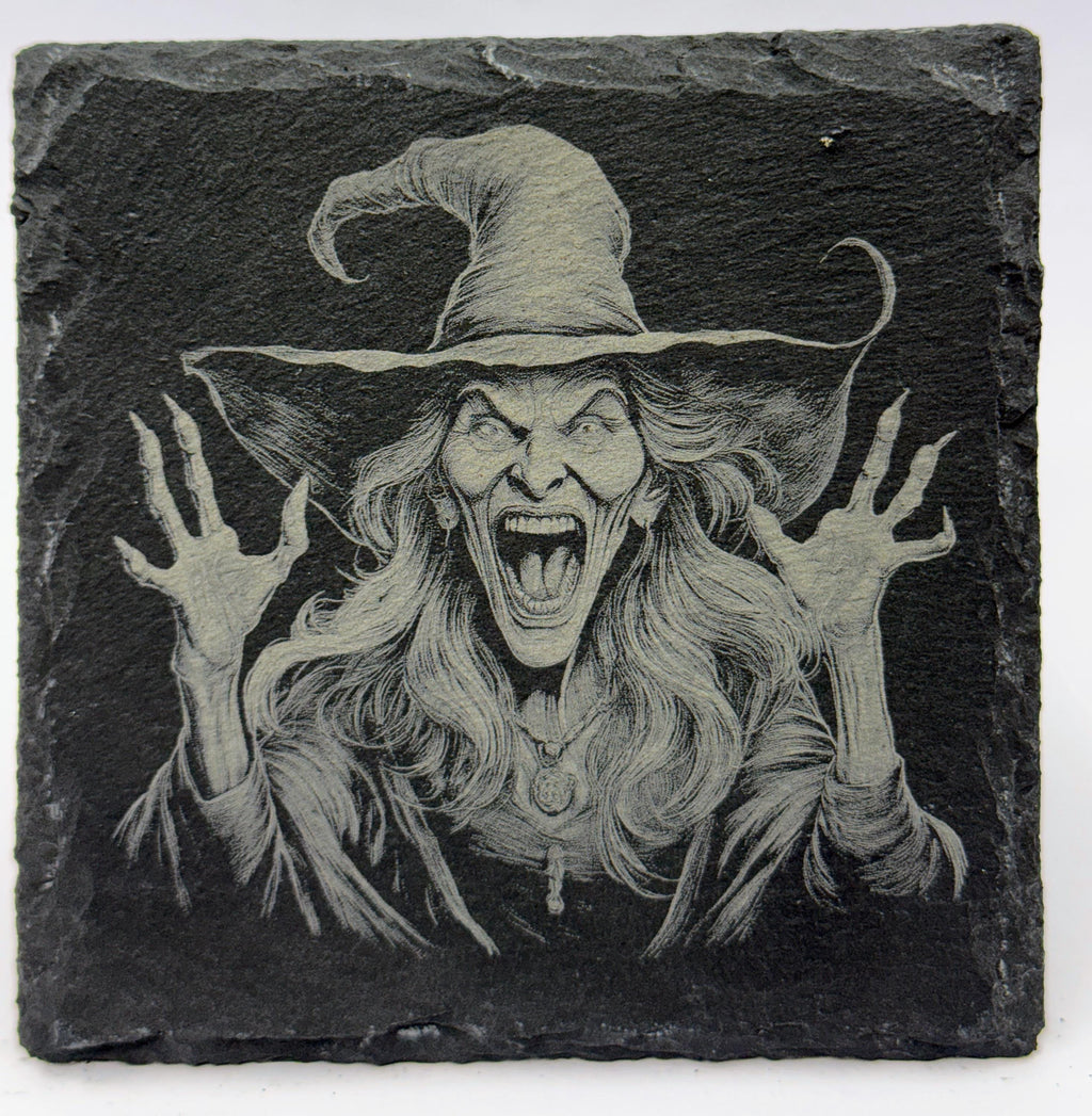 Spellbound Screamer Witch – Laser Engraved Slate Coaster