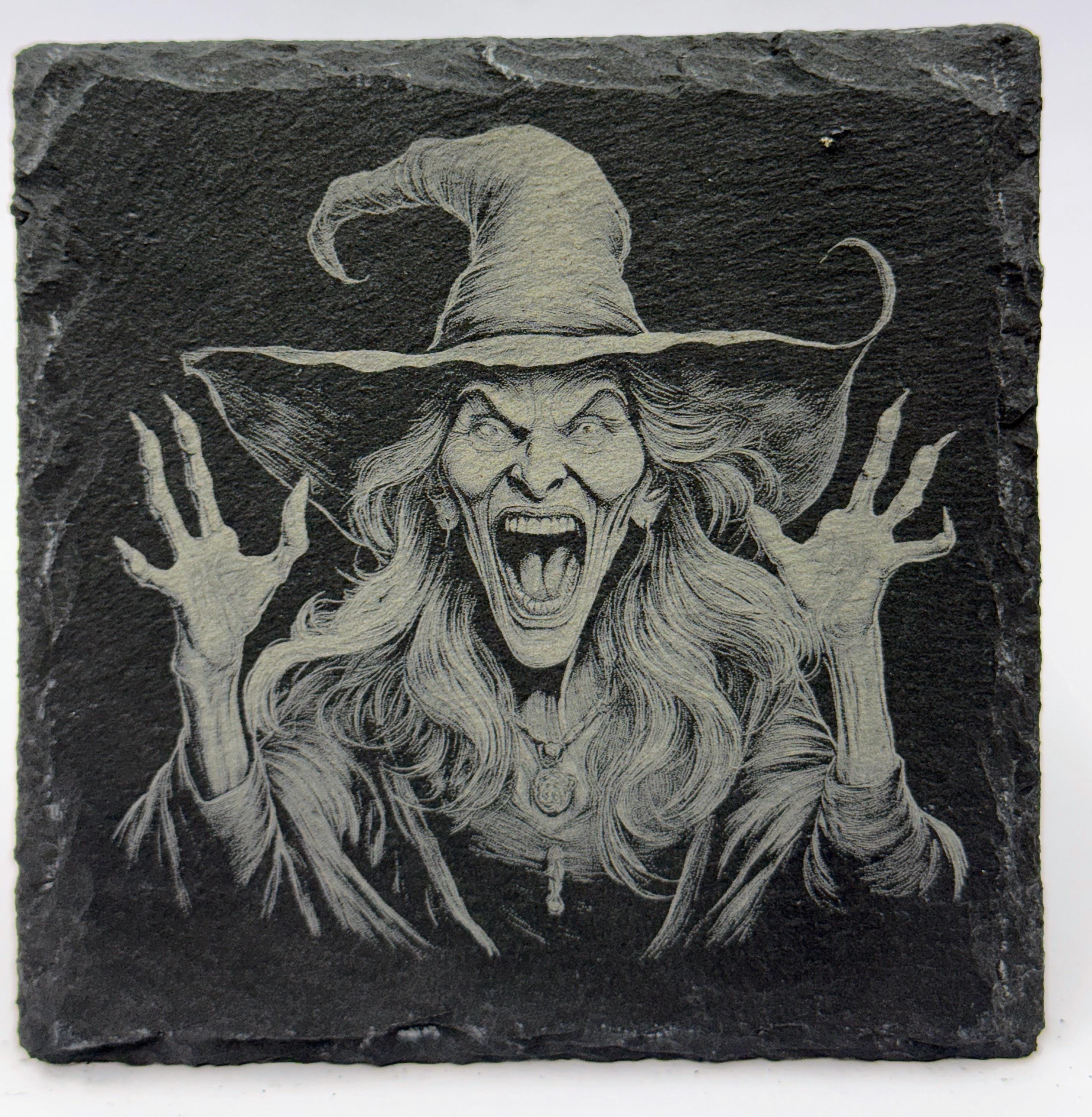 Spellbound Screamer Witch – Laser Engraved Slate Coaster