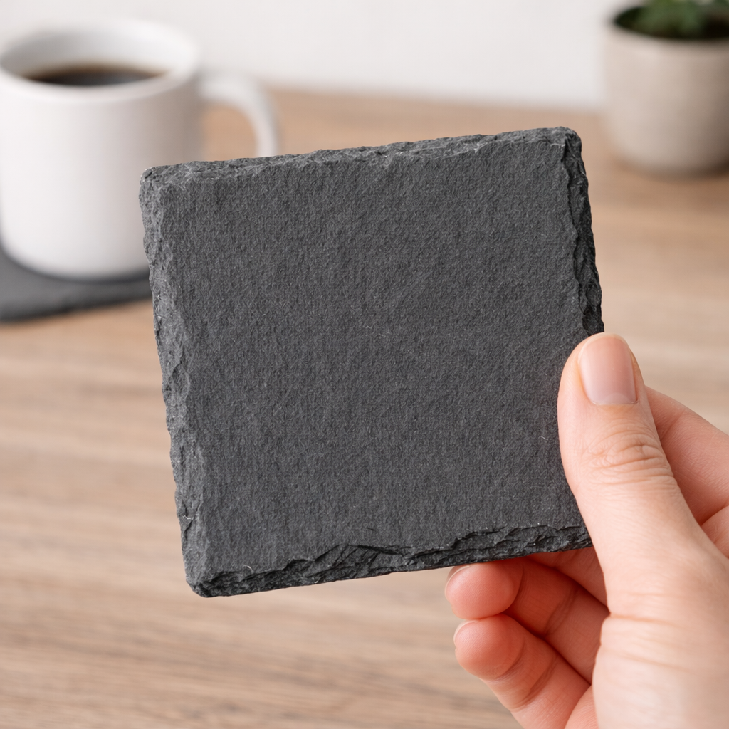 A hand holding a dark gray slate coaster on a wooden surface, with a white coffee cup and a potted plant in the background.