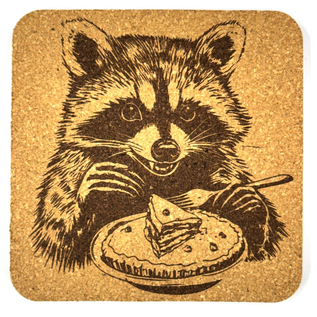 Cake Loving Raccoon Cork Coaster – Funny Dessert Animal Bar Decor