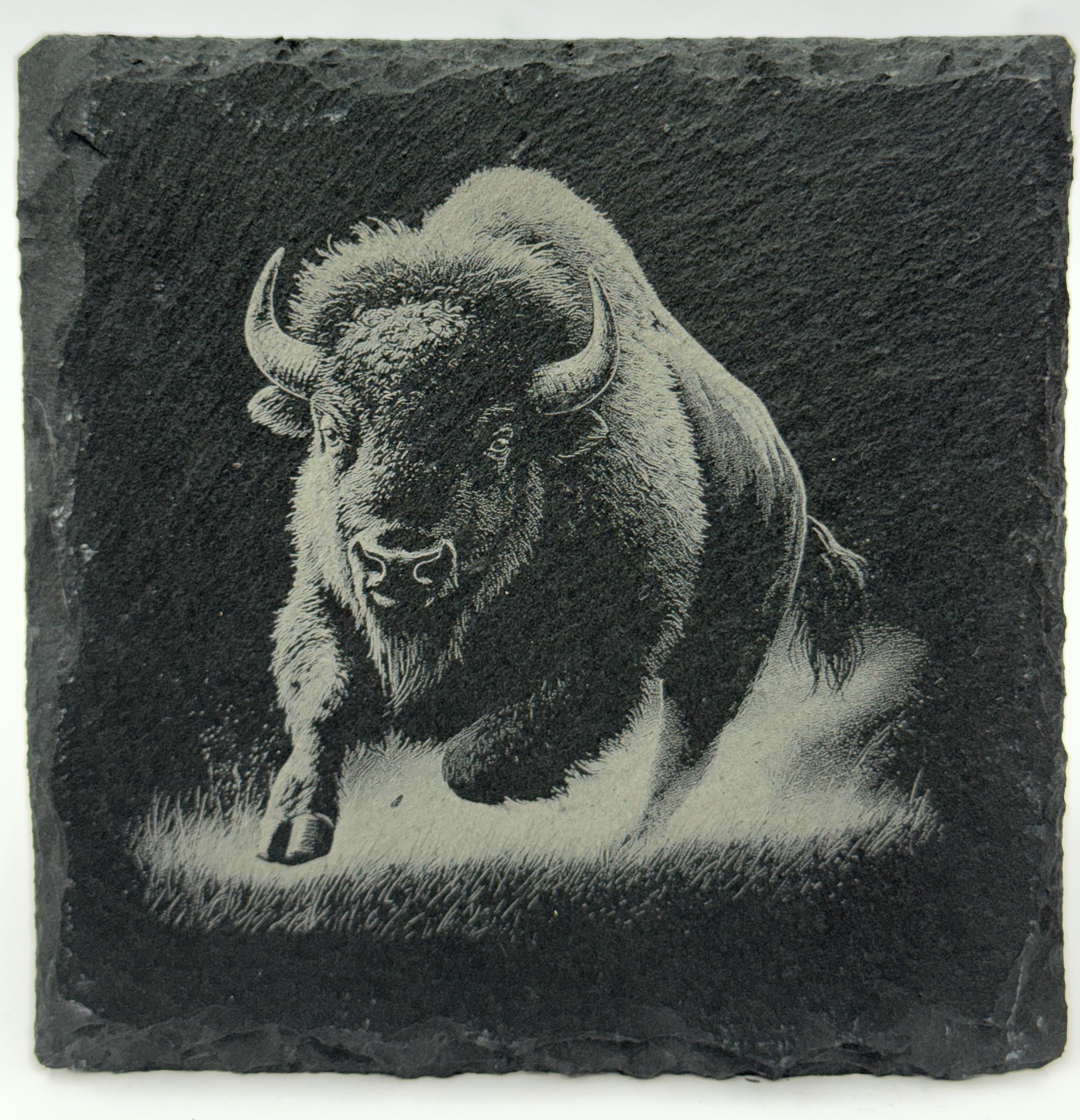 Charging Buffalo Slate Coaster – Engraved American Bison