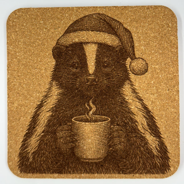 Skunk with Morning Coffee – Whimsical Cork Coaster