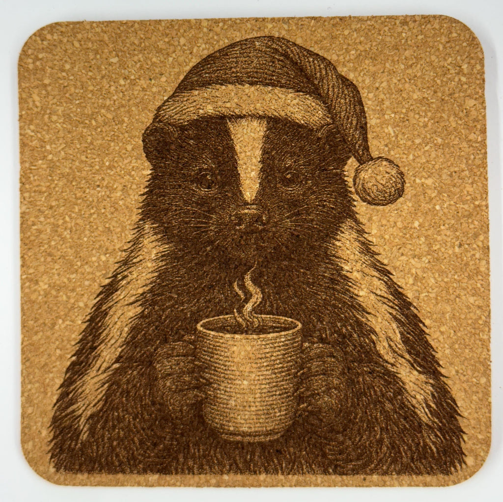 Skunk with Morning Coffee – Whimsical Cork Coaster