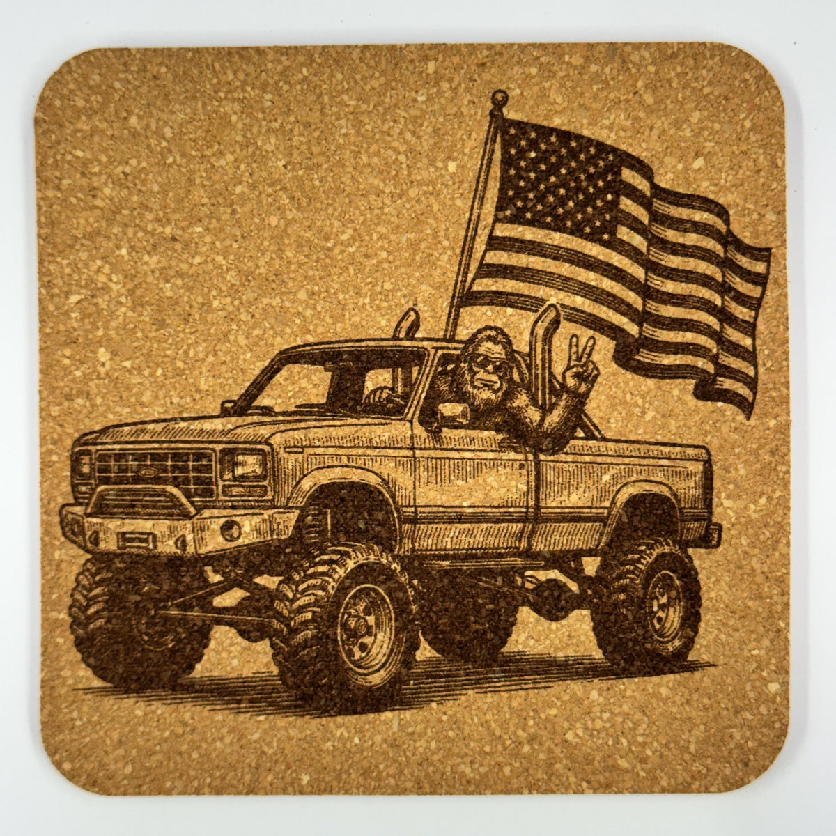 Bigfoot Truck & Flag Cork Coaster – Patriotic Sasquatch Design