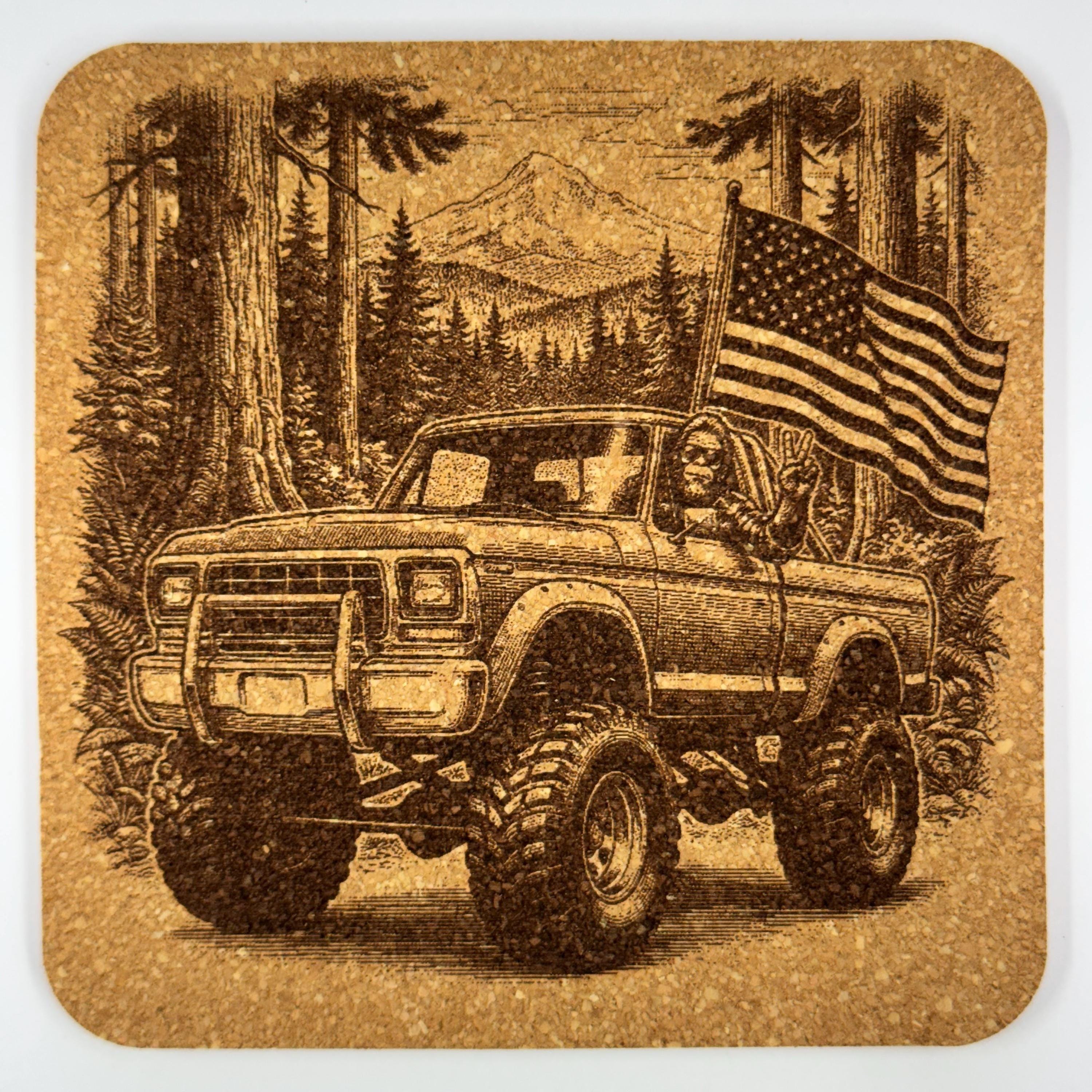 Bigfoot Off-Road Truck Cork Coaster – Forest Flag Engraving