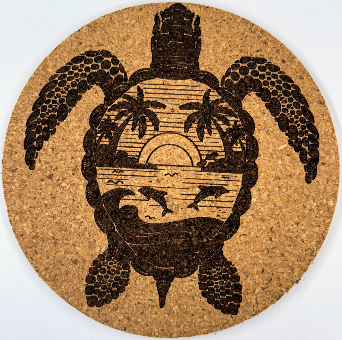 Island Sunset Sea Turtle Round Cork Coaster – Tropical Coastal Art