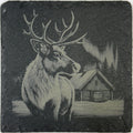 Reindeer Winter Cabin Slate Coaster – Rustic Christmas Woodland Art