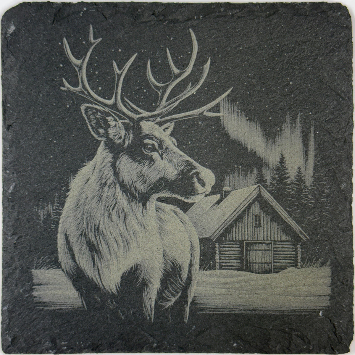 Reindeer Winter Cabin Slate Coaster – Rustic Christmas Woodland Art