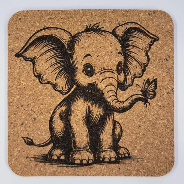 Curious Baby Elephant with Butterfly – Laser Engraved Cork Coaster
