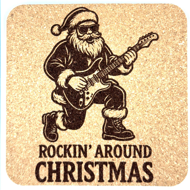 Rockin’ Around Christmas Cork Coaster – Guitar Playing Santa Decor