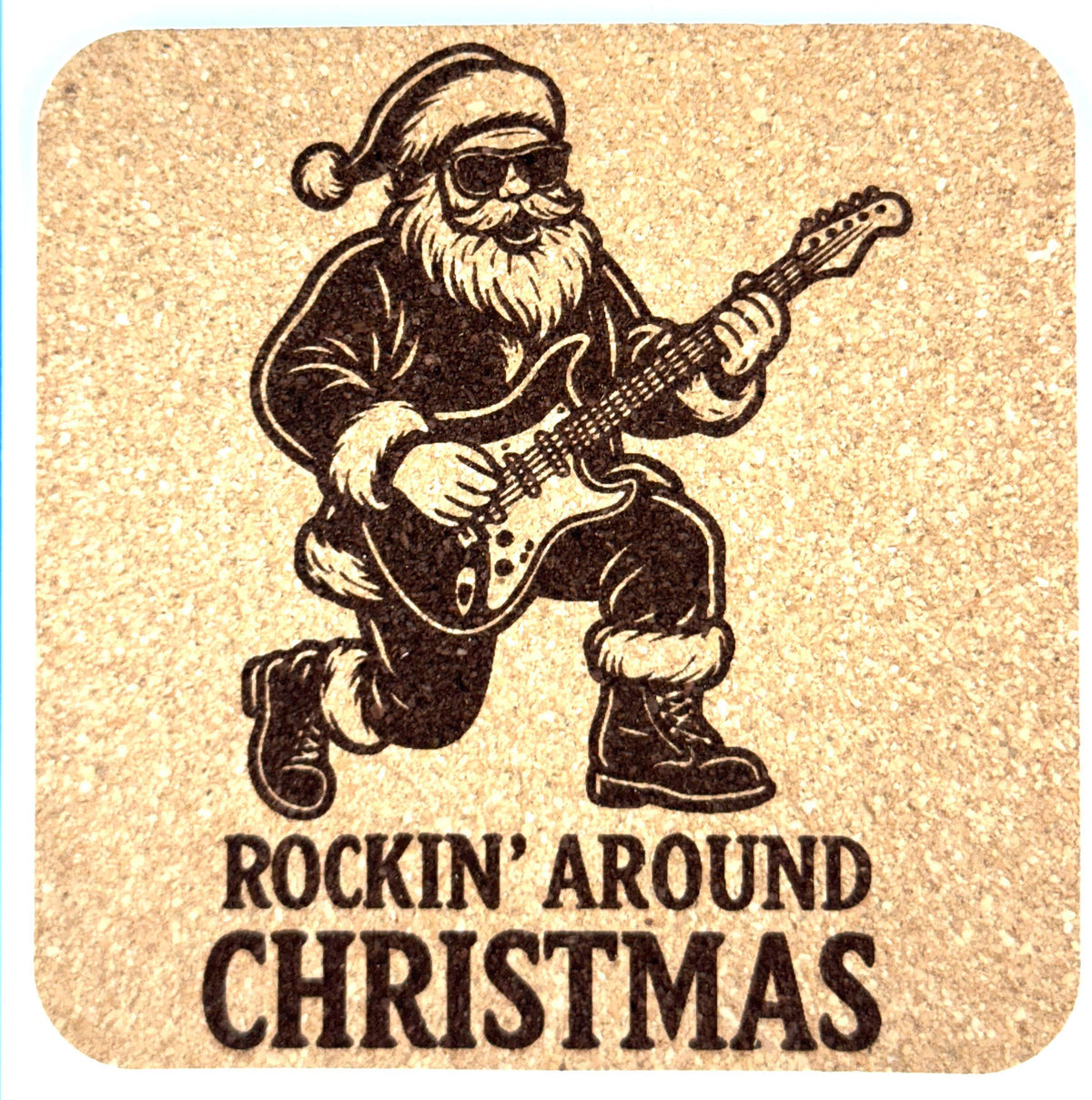 Rockin’ Around Christmas Cork Coaster – Guitar Playing Santa Decor