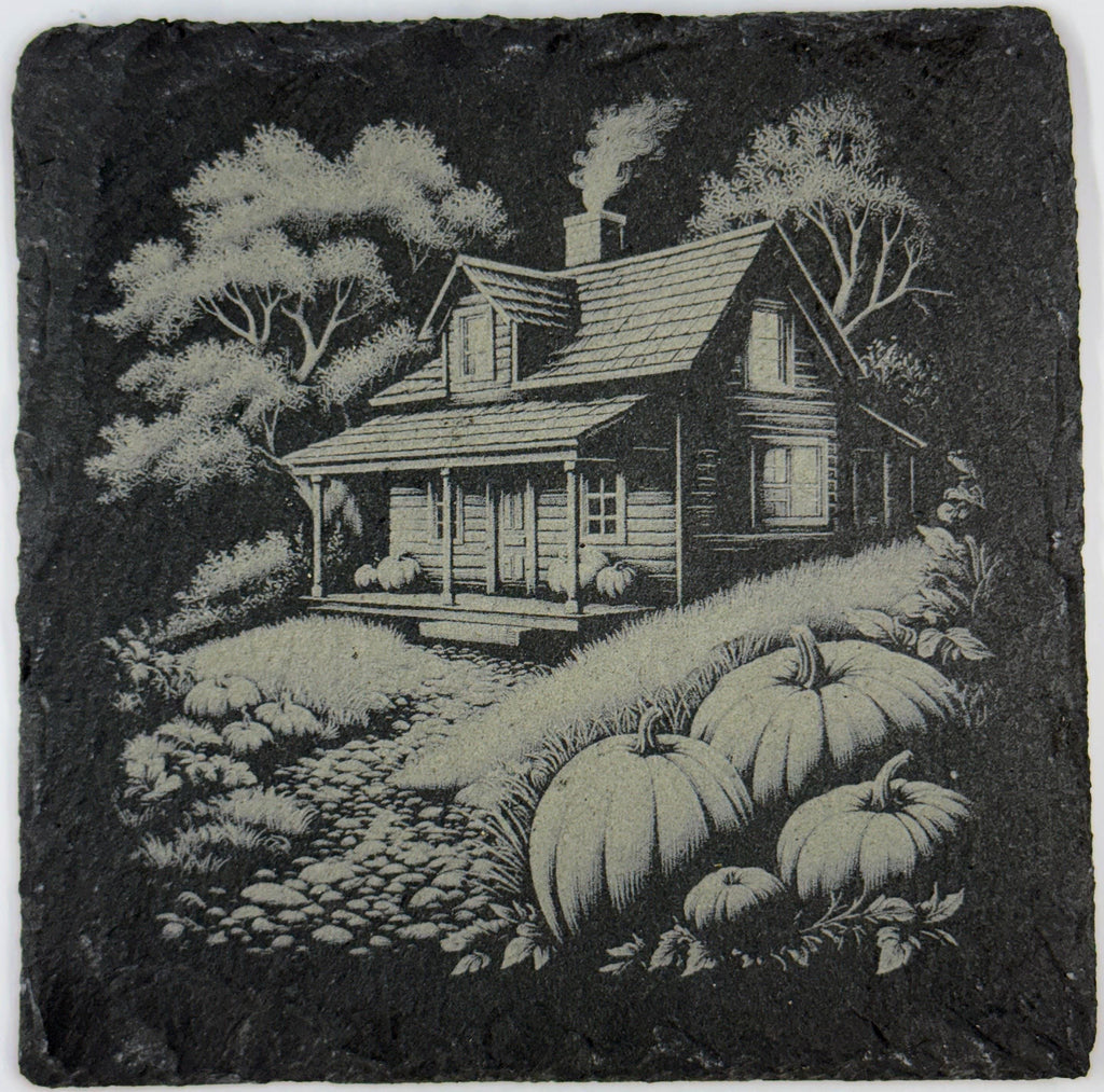 Rustic Farmhouse Slate Coaster – Fall Cabin & Pumpkin Engraved Stone