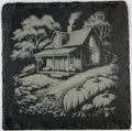 Rustic Farmhouse Slate Coaster – Fall Cabin & Pumpkin Engraved Stone