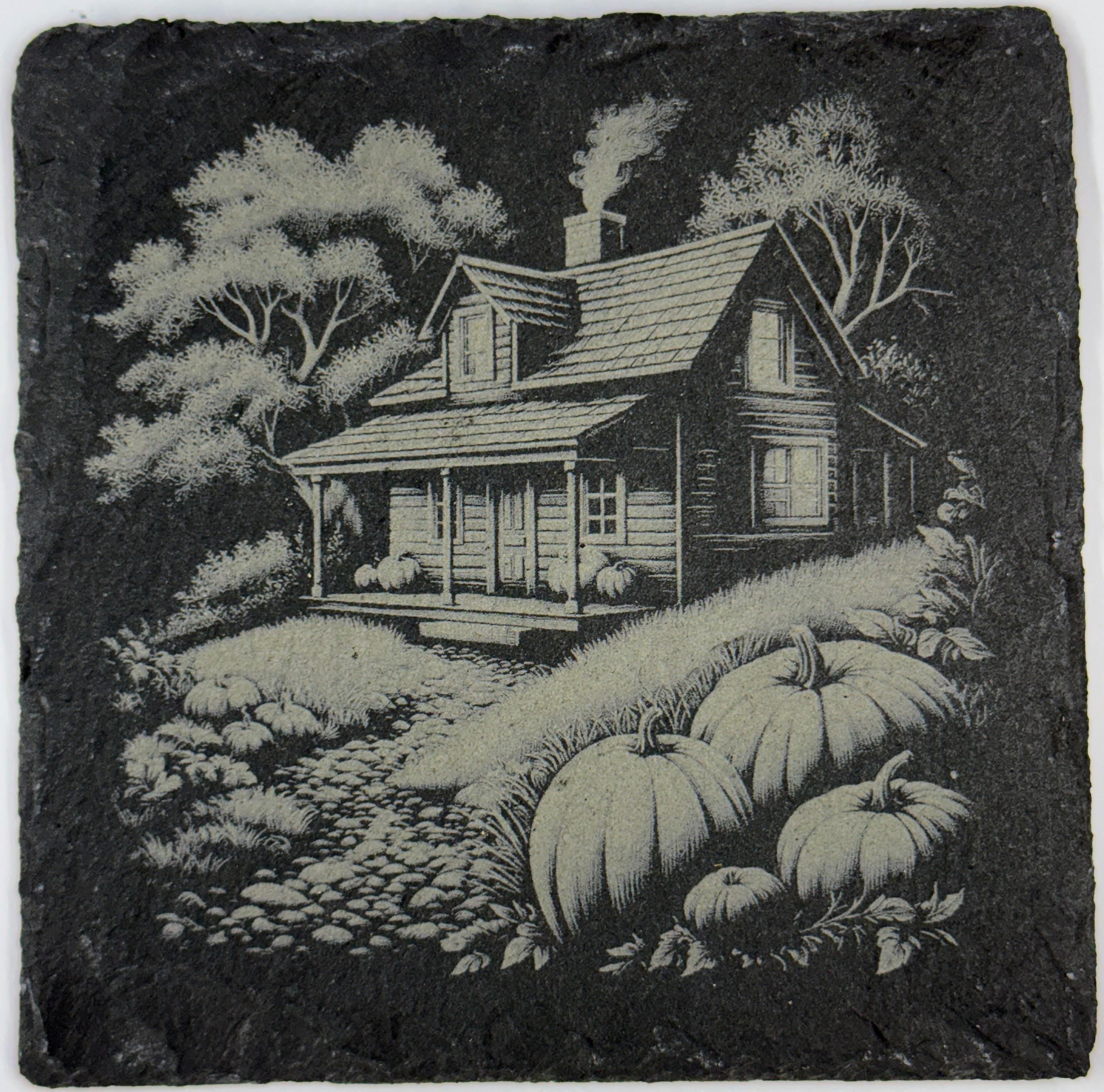 Rustic Farmhouse Slate Coaster – Fall Cabin & Pumpkin Engraved Stone