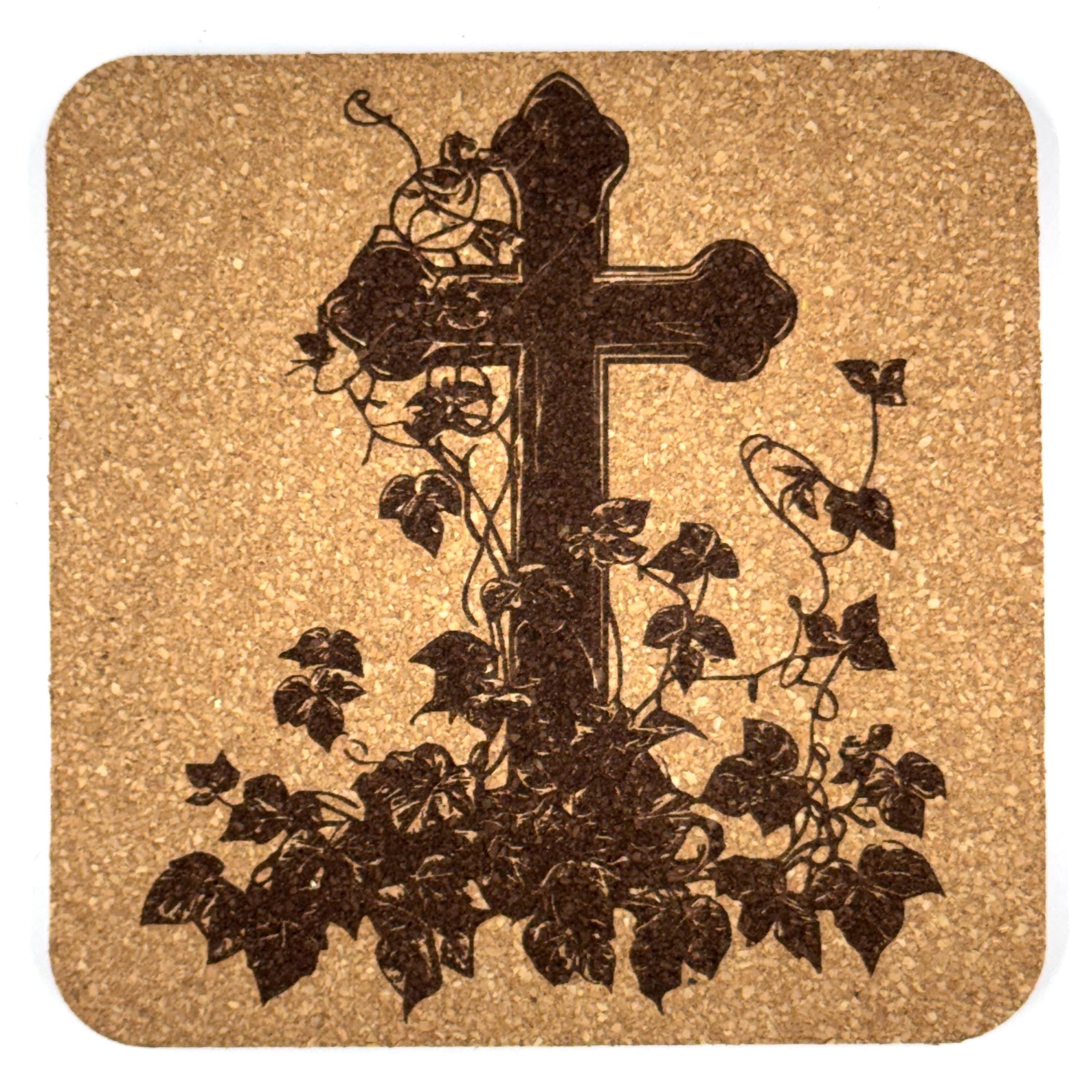 Ivy Wrapped Cross Laser Engraved Cork Coaster