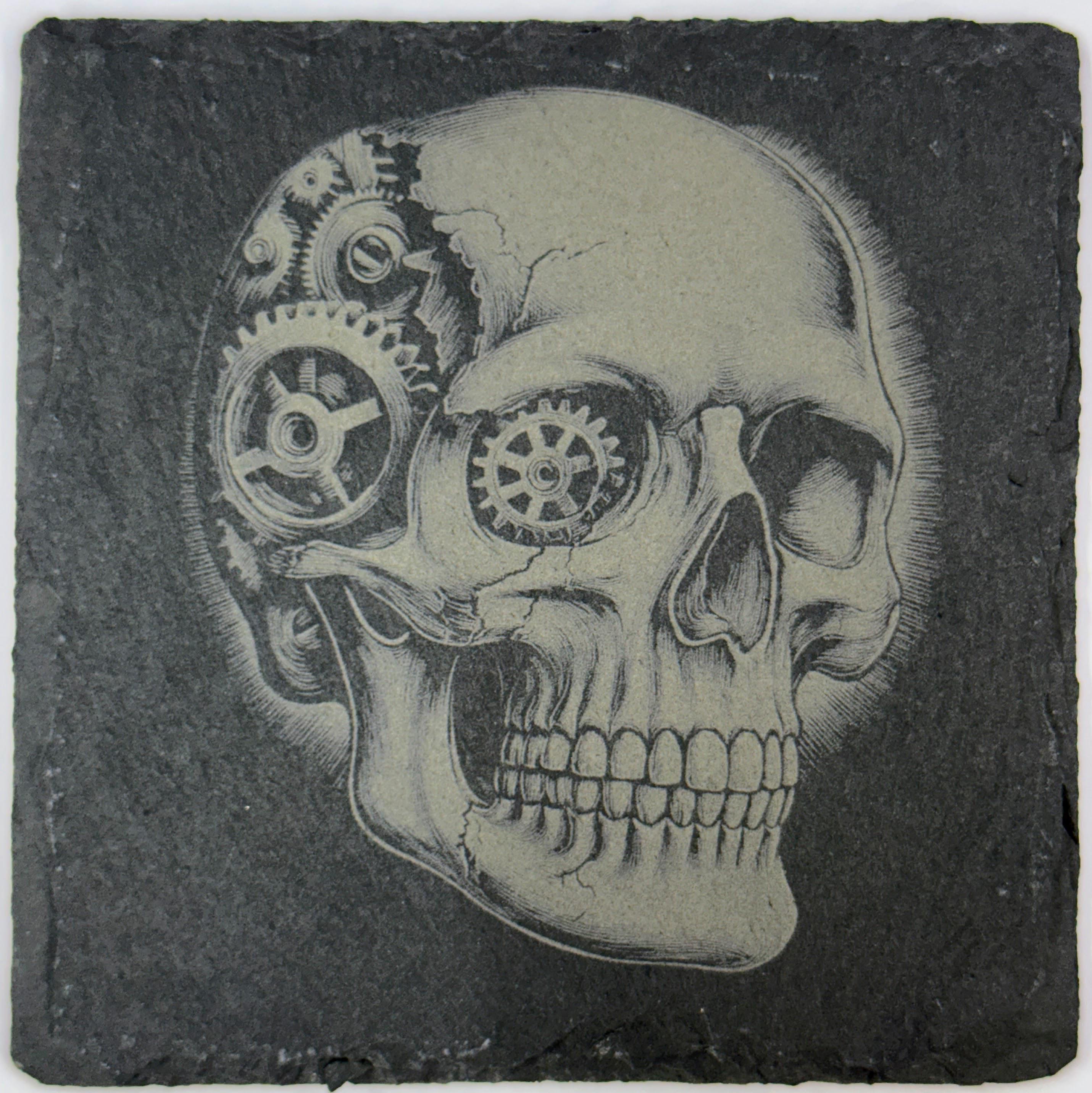 Steampunk Skull Slate Coaster – Gothic Mechanical Art