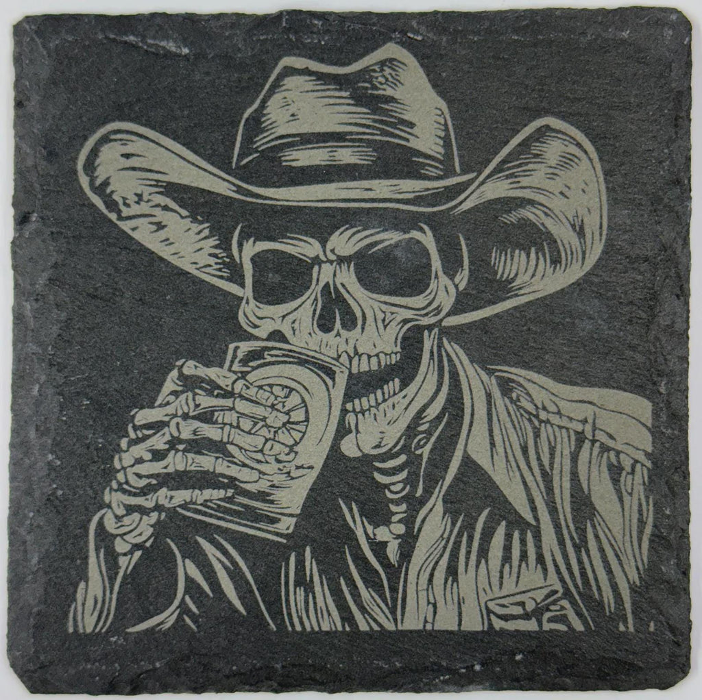 Outlaw Skeleton Drinking Whiskey – Dark Western Slate Coaster