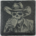 Outlaw Skeleton Drinking Whiskey – Dark Western Slate Coaster
