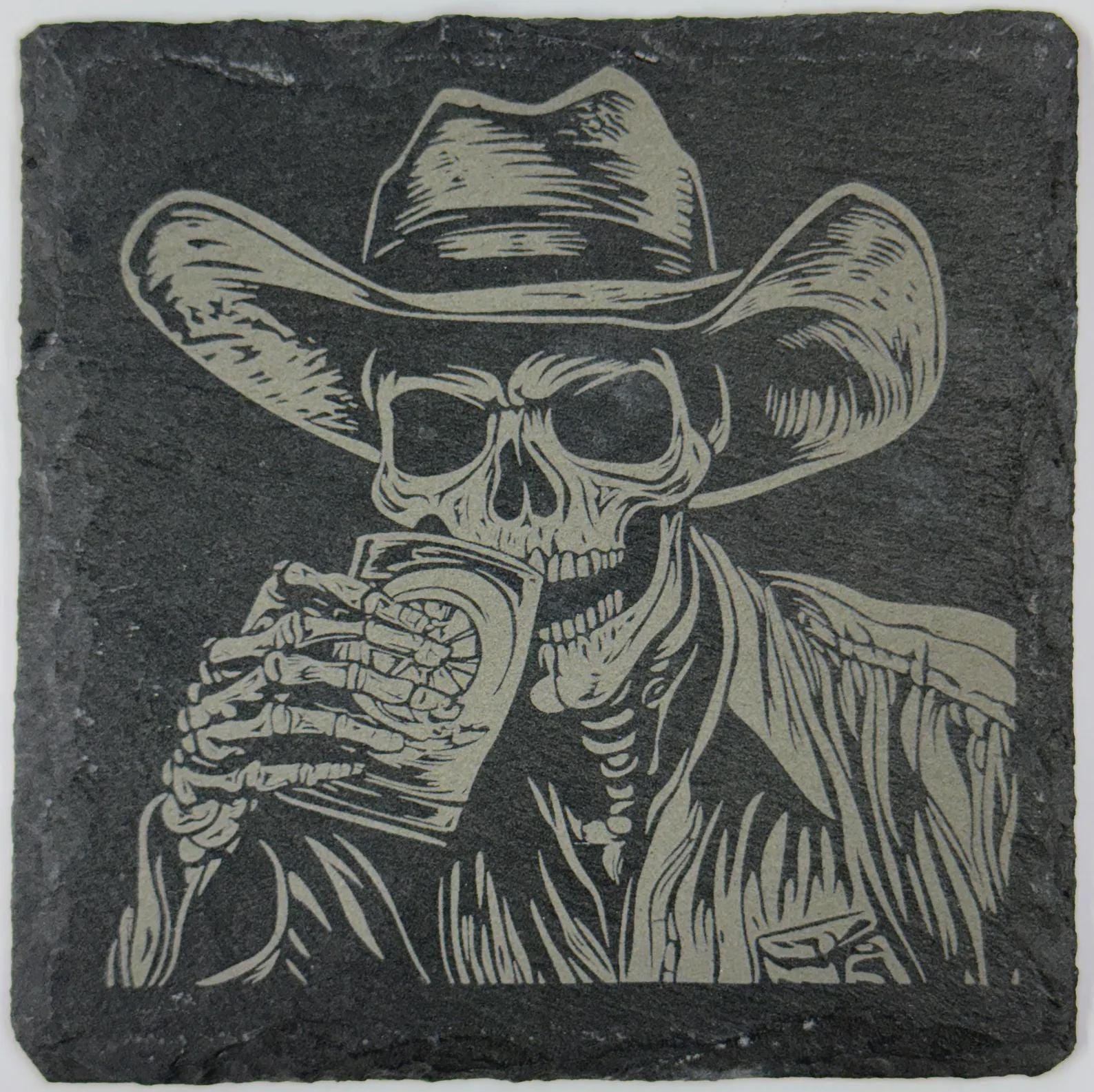 Outlaw Skeleton Drinking Whiskey – Dark Western Slate Coaster