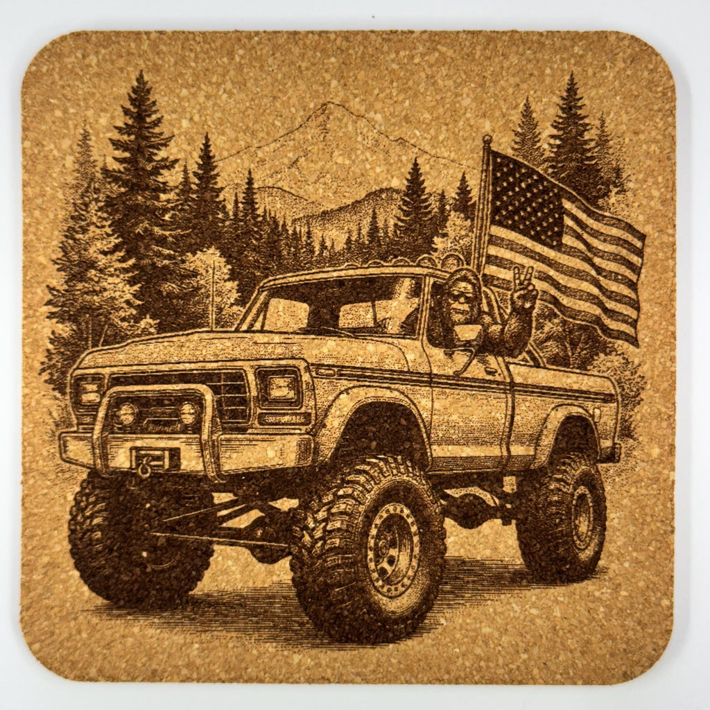 Bigfoot Driving Truck Cork Coaster – American Flag Sasquatch Art