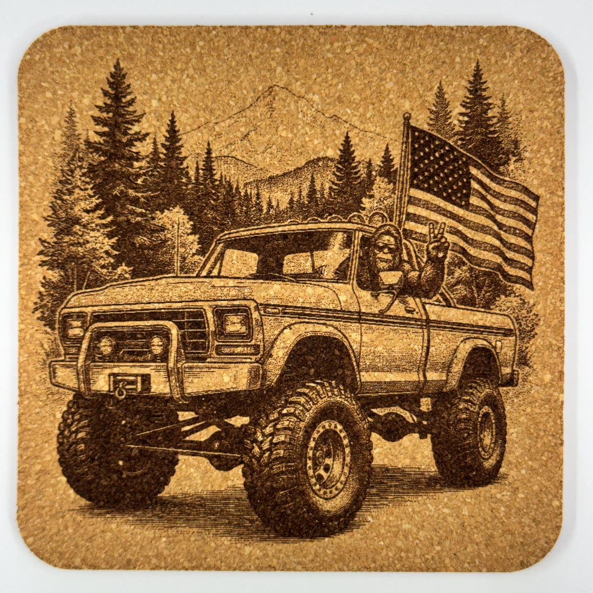 Bigfoot Driving Truck Cork Coaster – American Flag Sasquatch Art