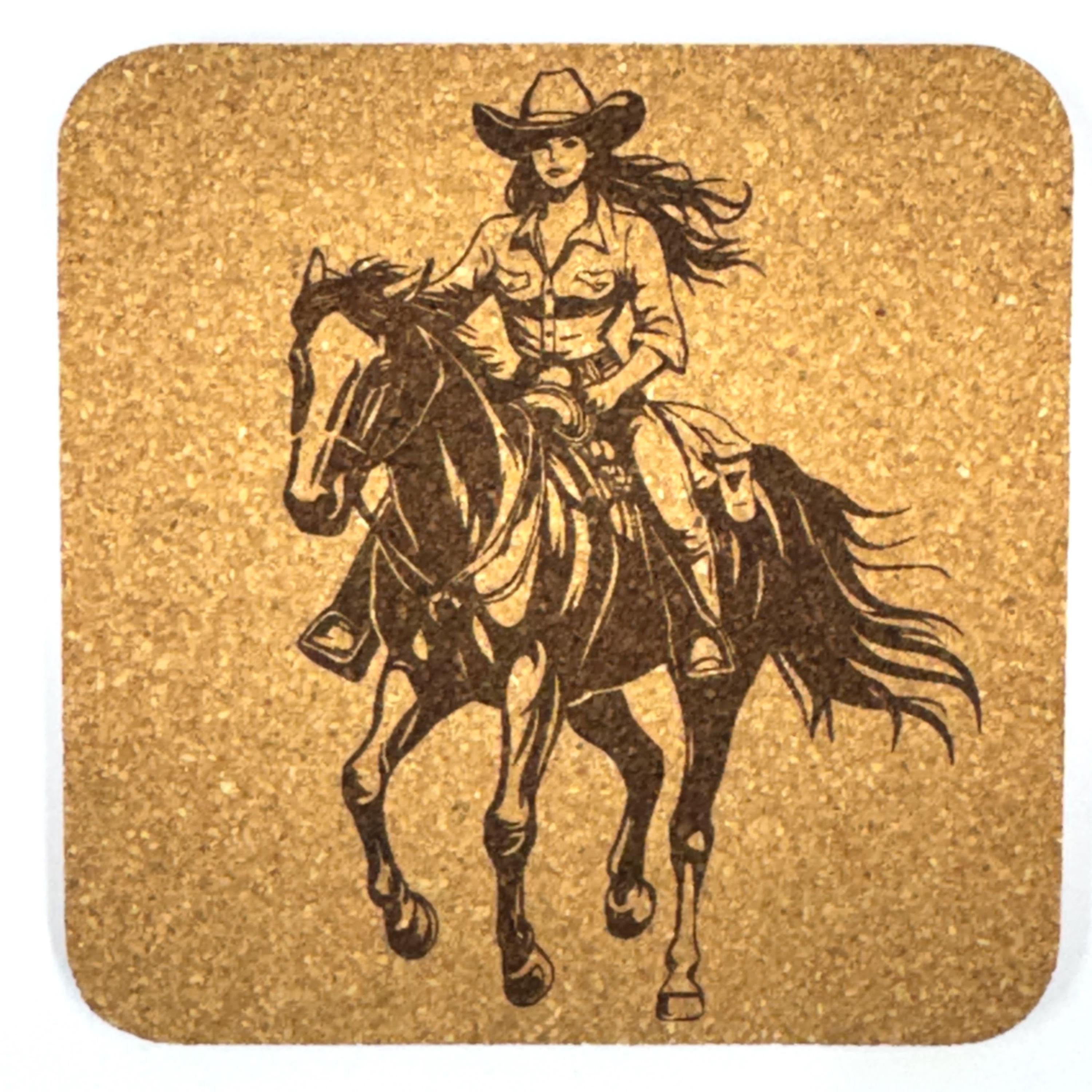 Western Cowgirl Cork Coaster – Horse Rider Rustic Country Home Decor