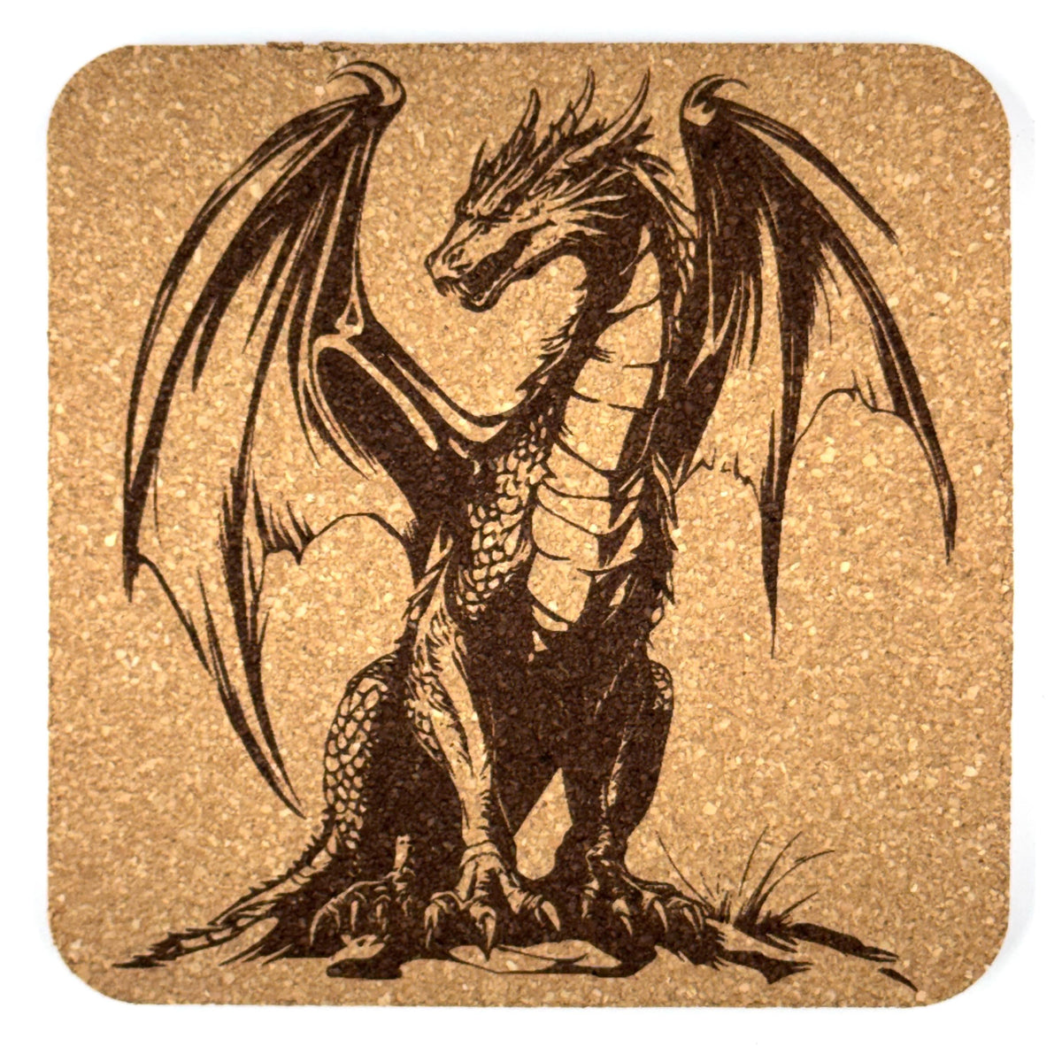 Standing Sentinel Dragon Square Cork Coaster – Epic Dragon Design