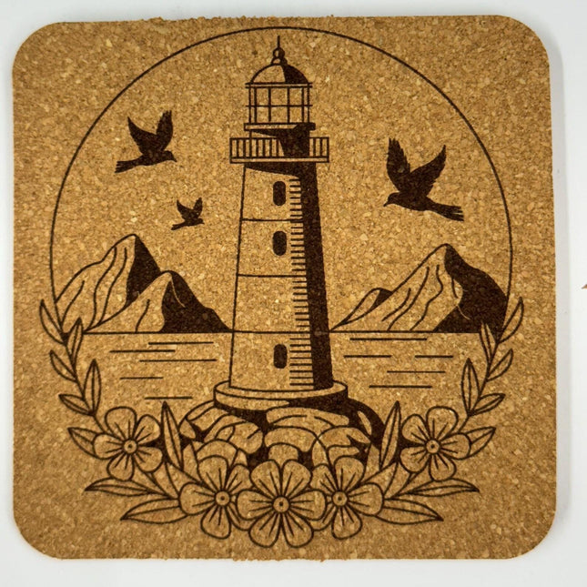 Mountain Coast Lighthouse Cork Coaster – Floral Seaside Scene