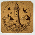 Mountain Coast Lighthouse Cork Coaster – Floral Seaside Scene