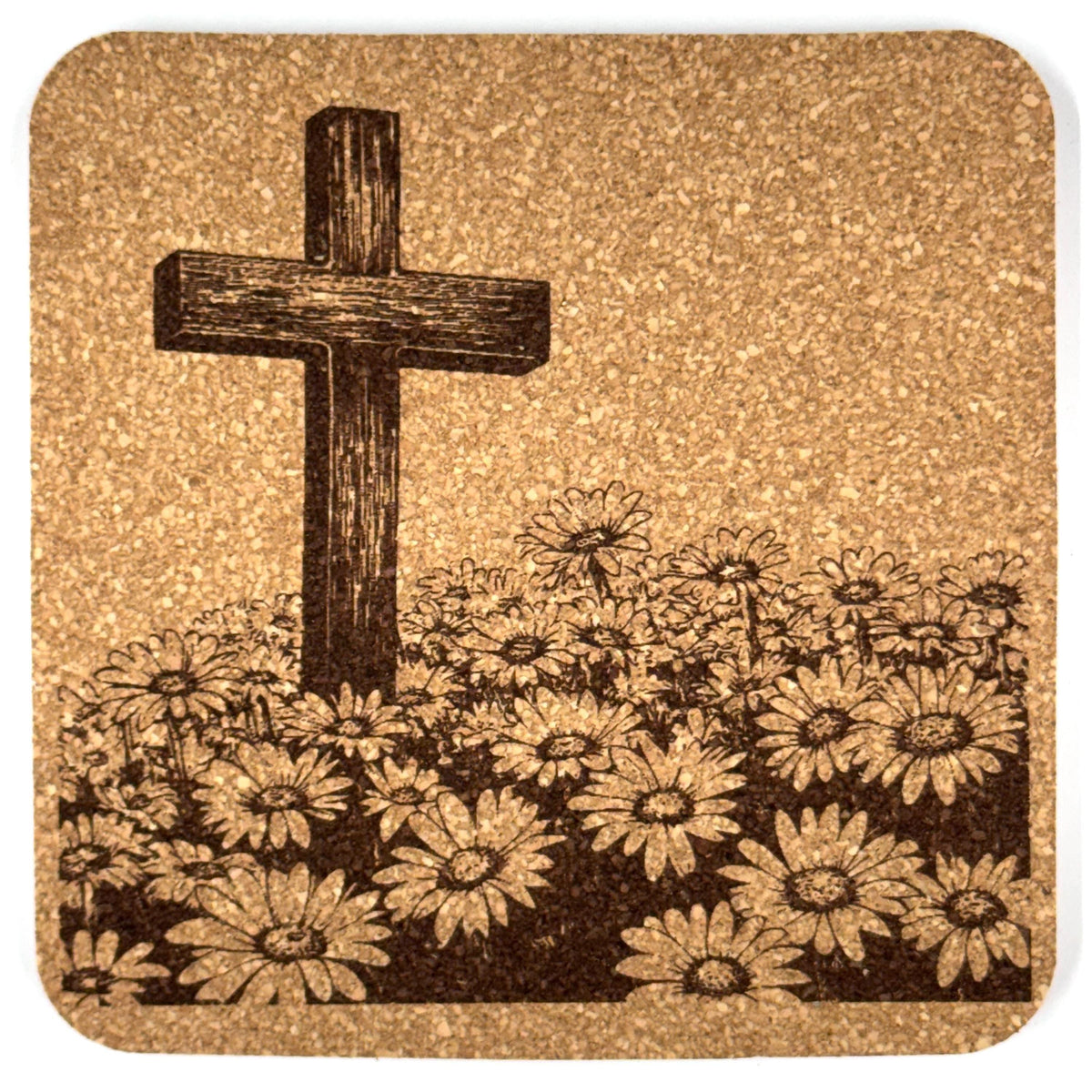 Full Daisy Field Cross Laser Engraved Cork Coaster
