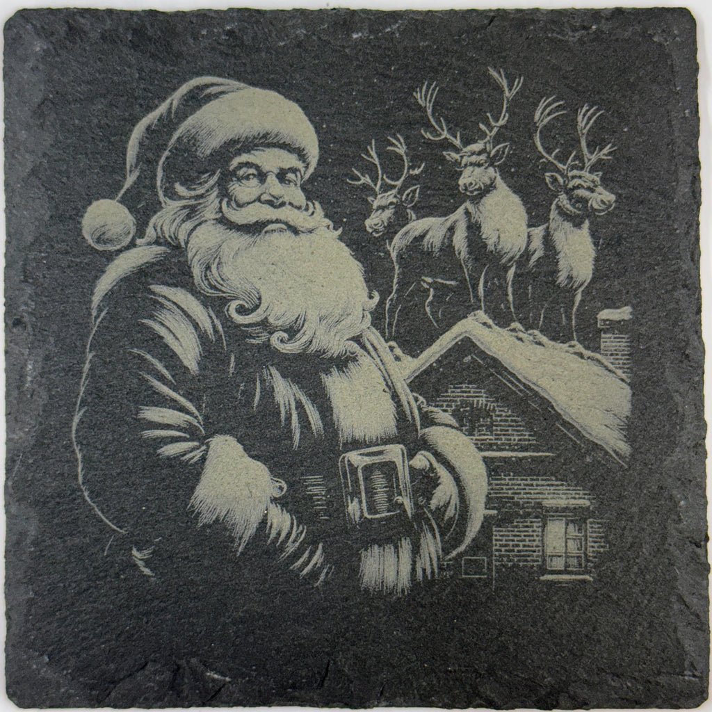 Santa and Reindeer Rooftop Slate Coaster – Classic Christmas Night Scene