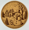 Snowman Winter Village Cork Coaster – Cozy Christmas Night Scene