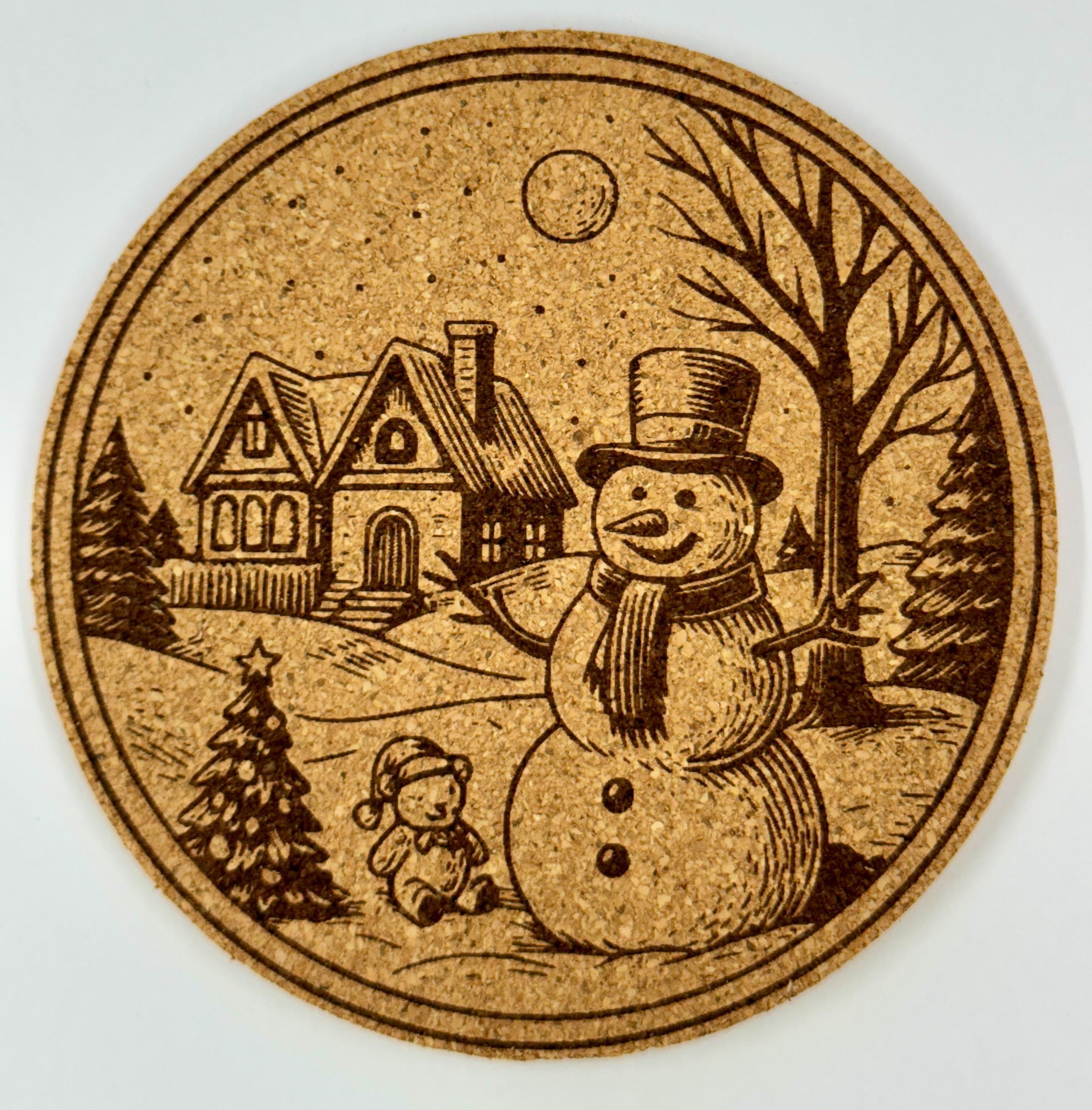 Snowman Winter Village Cork Coaster – Cozy Christmas Night Scene