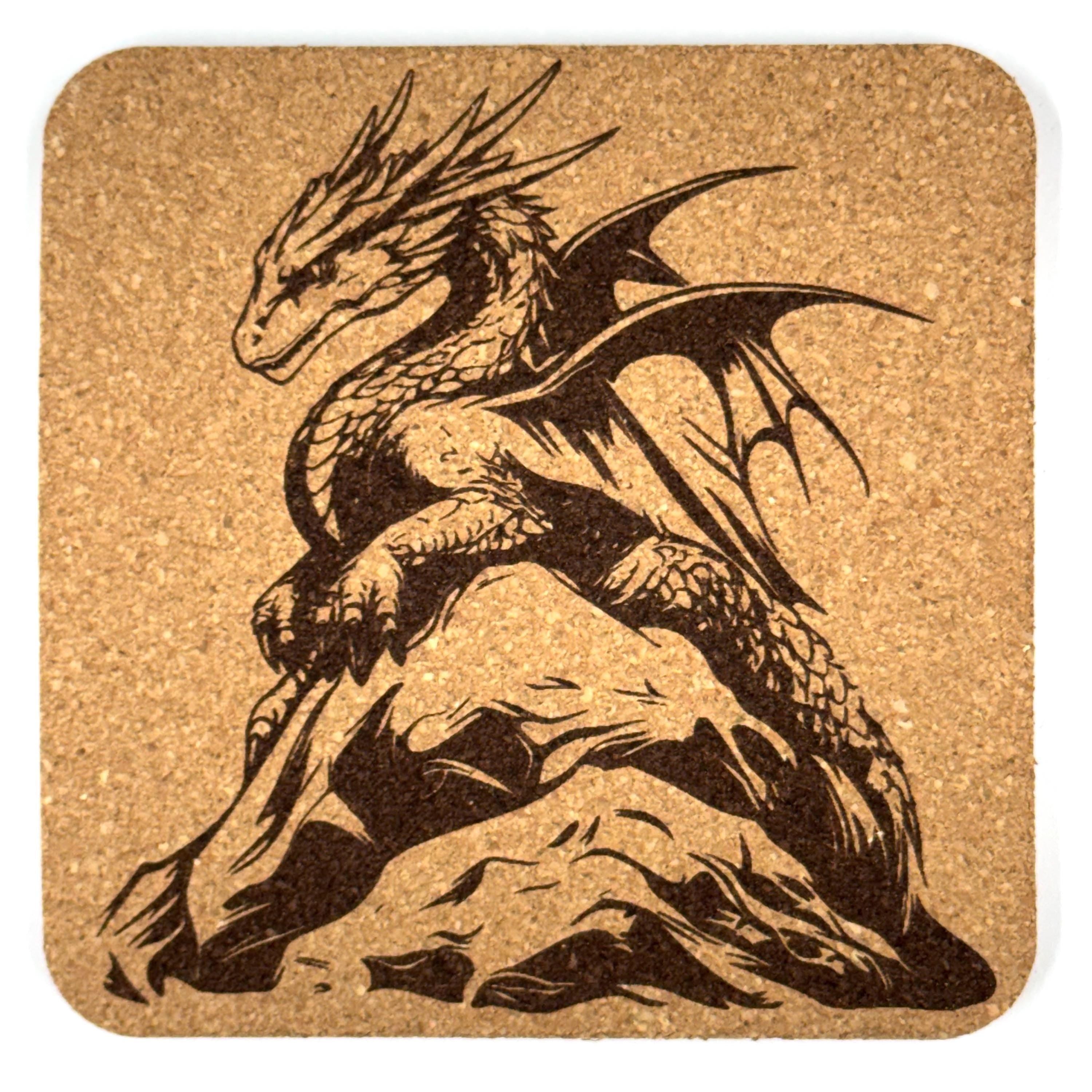 Mountain Peak Dragon Square Cork Coaster – Epic Fantasy Art