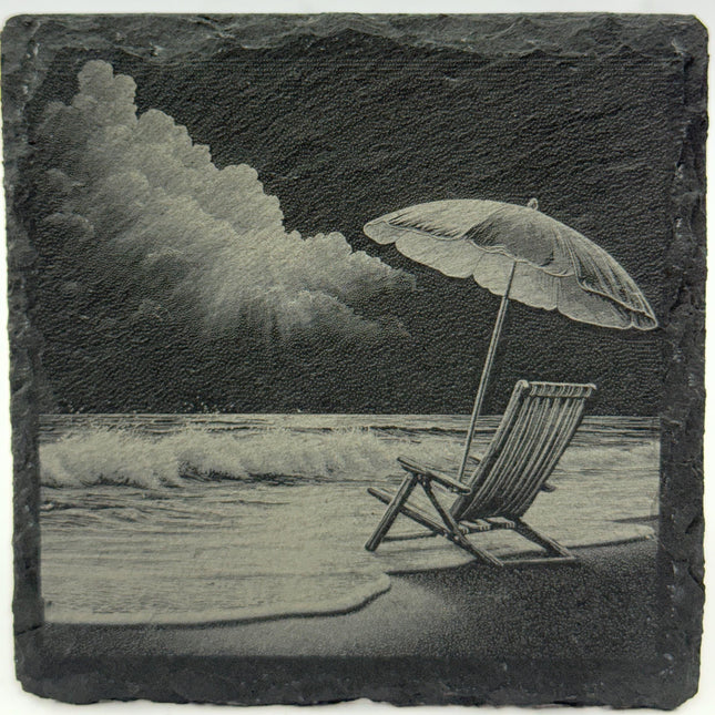 Beach Chair and Umbrella Slate Coaster – Quiet Coastal Scene