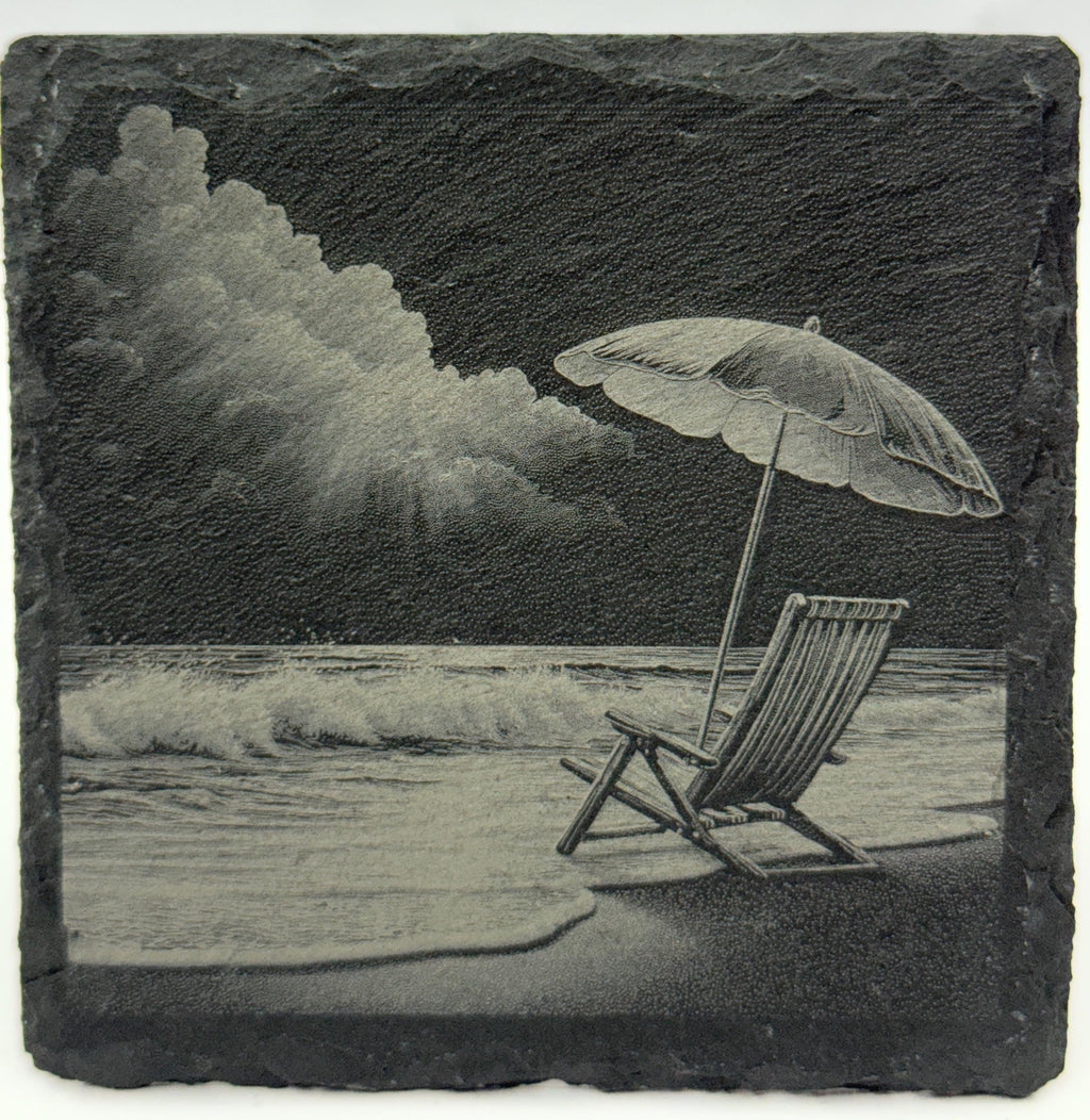 Beach Chair and Umbrella Slate Coaster – Quiet Coastal Scene