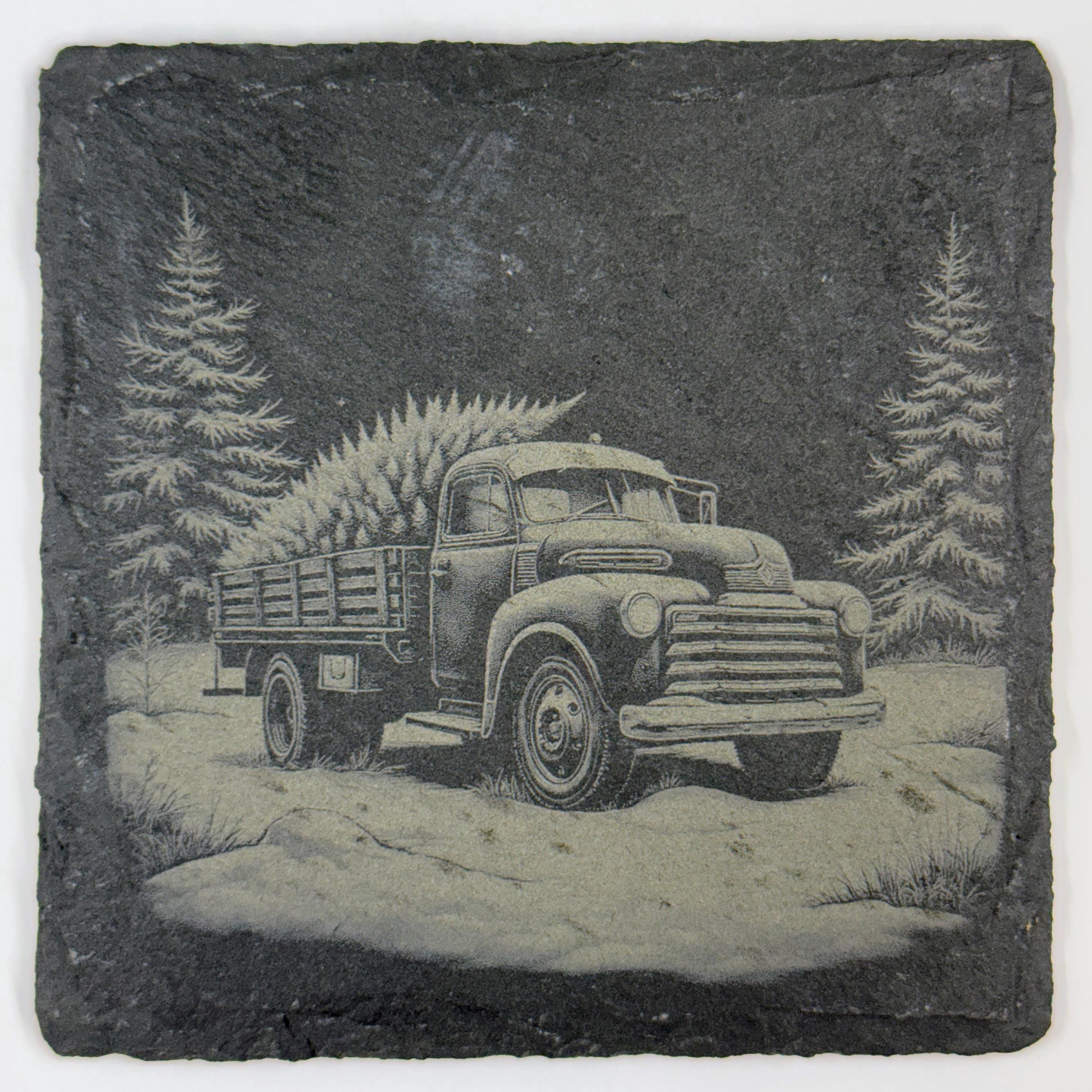 Vintage Pickup Winter Scene Slate Coaster – Rustic Christmas Decor