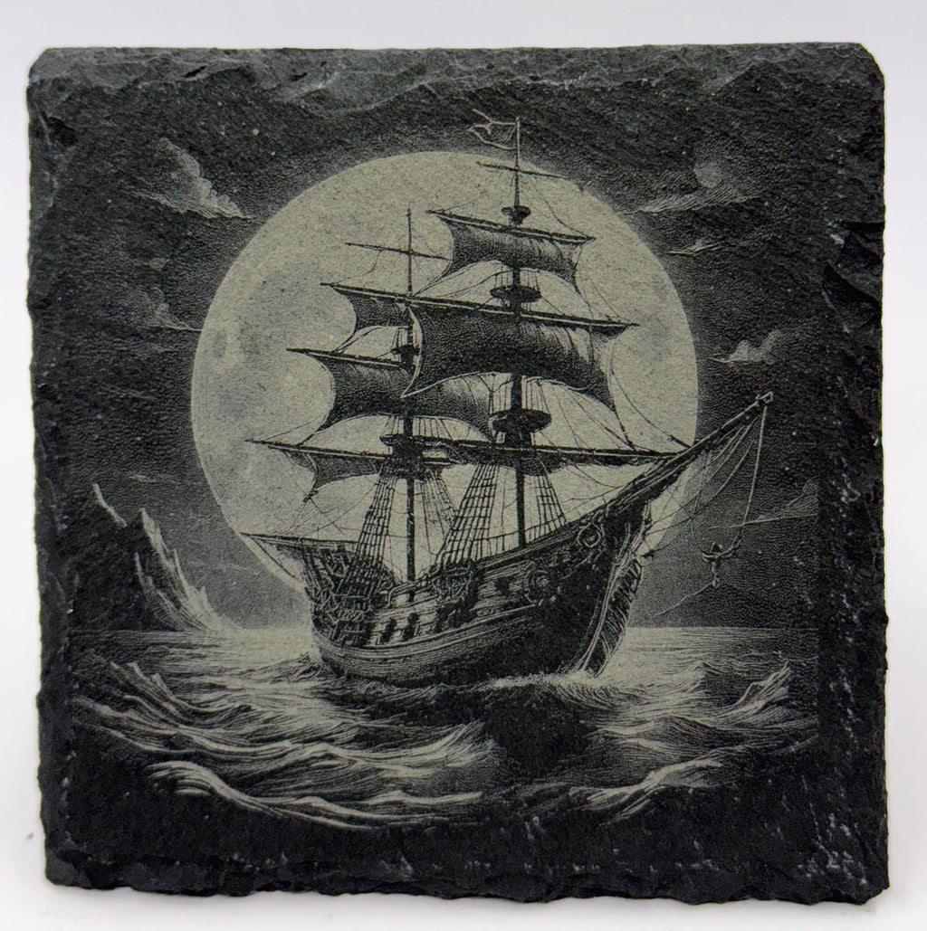 Moonlit Galleon at Sea – Pirate Ship Slate Coaster