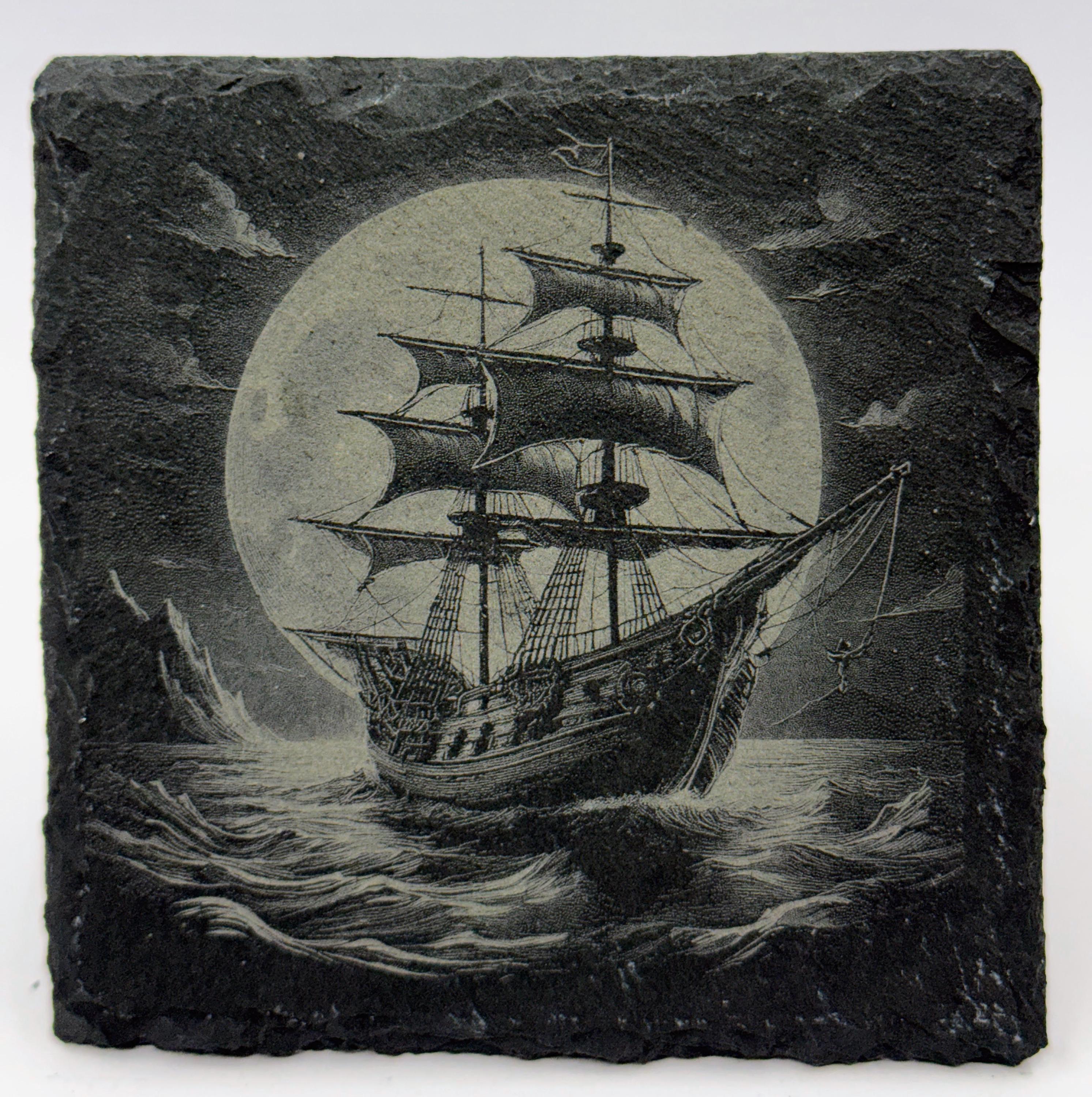 Moonlit Galleon at Sea – Pirate Ship Slate Coaster