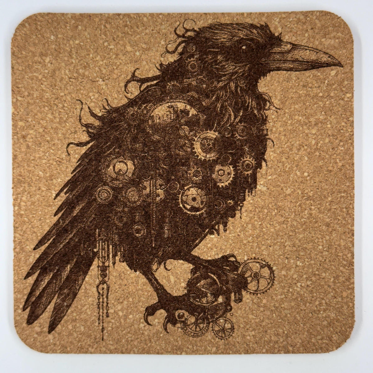 Steampunk Raven with Gears – Dark Whimsical Cork Coaster