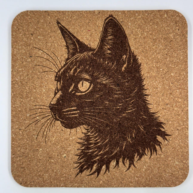 Cat Profile Portrait – Engraved Cork Coaster