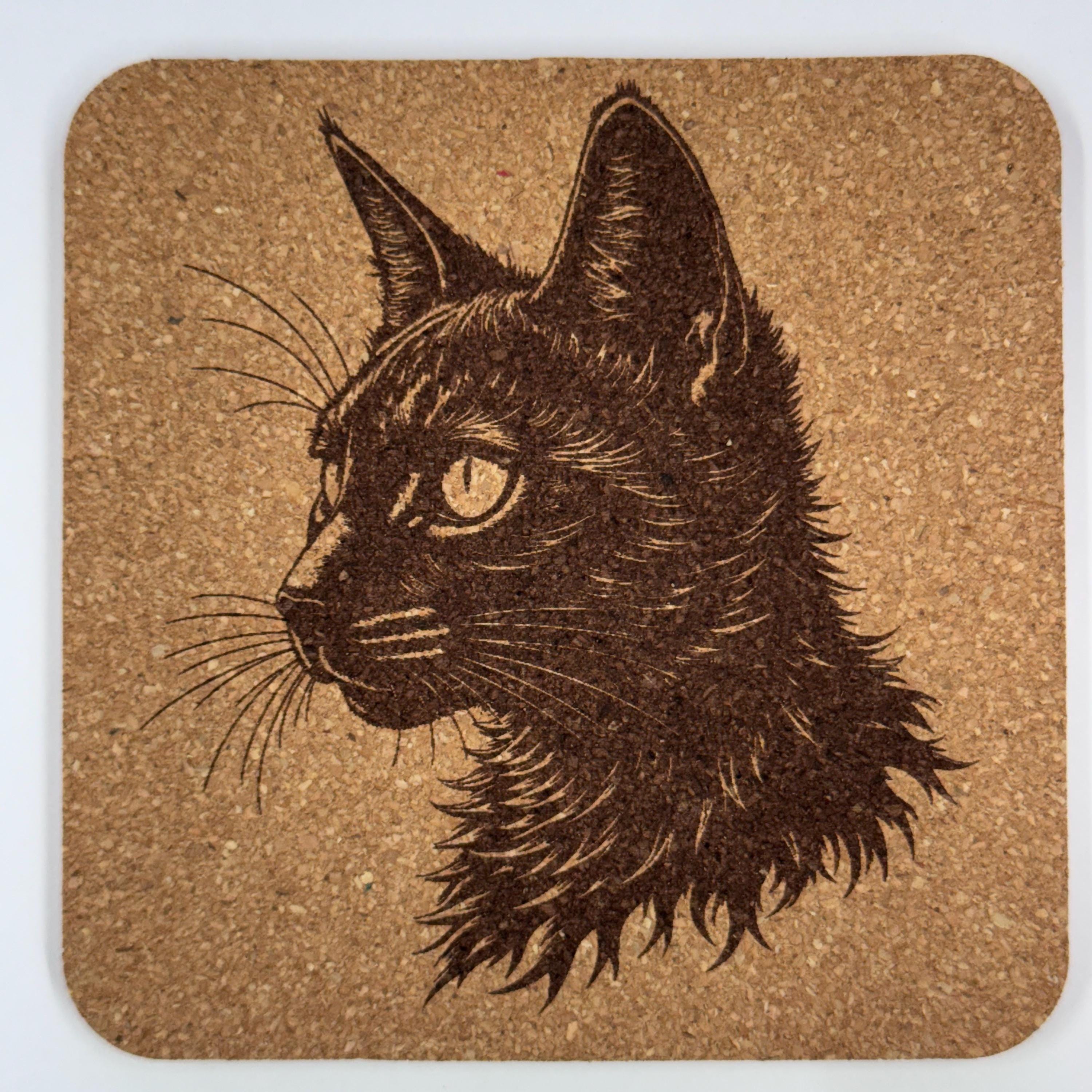 Cat Profile Portrait – Engraved Cork Coaster