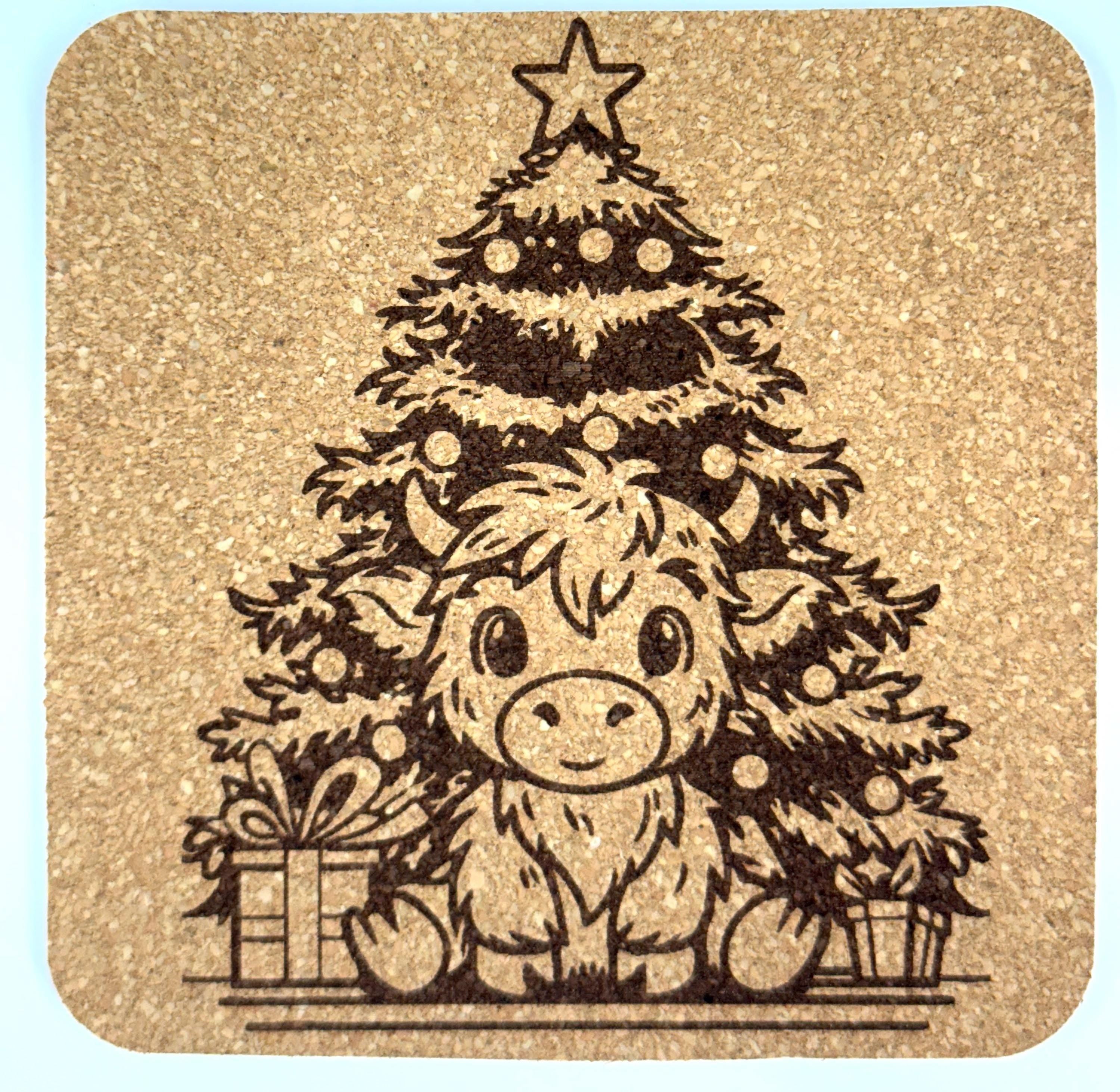 Highland Cow Christmas Tree Cork Coaster – Festive Holiday Art