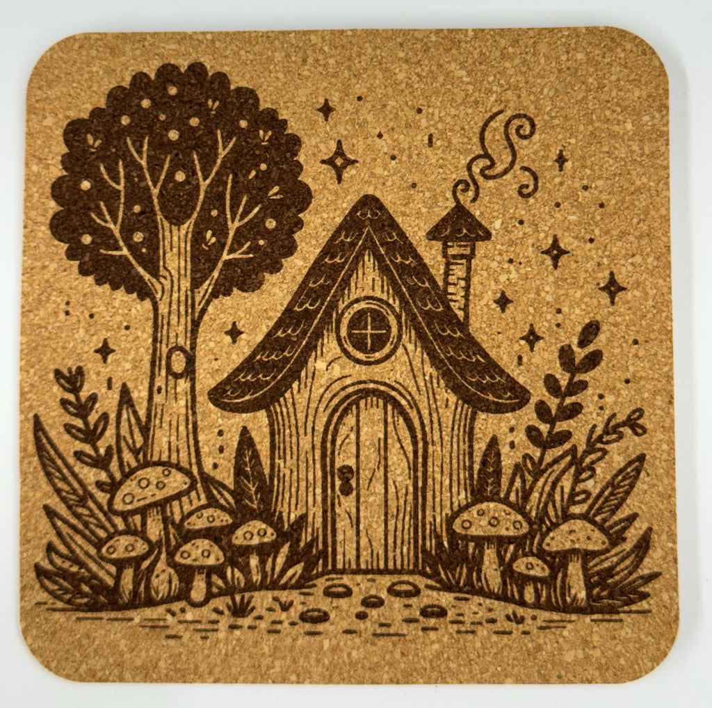 Woodland Fairy Home by the Tree – Whimsical Cork Coaster