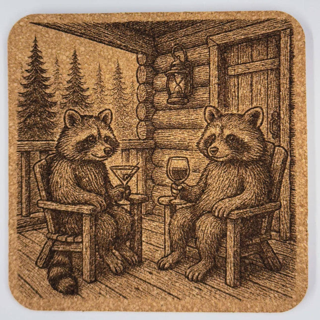 Raccoons on the Cabin Porch – Cozy Forest Evening Laser Engraved Drink Coaster