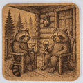 Raccoons on the Cabin Porch – Cozy Forest Evening Laser Engraved Drink Coaster