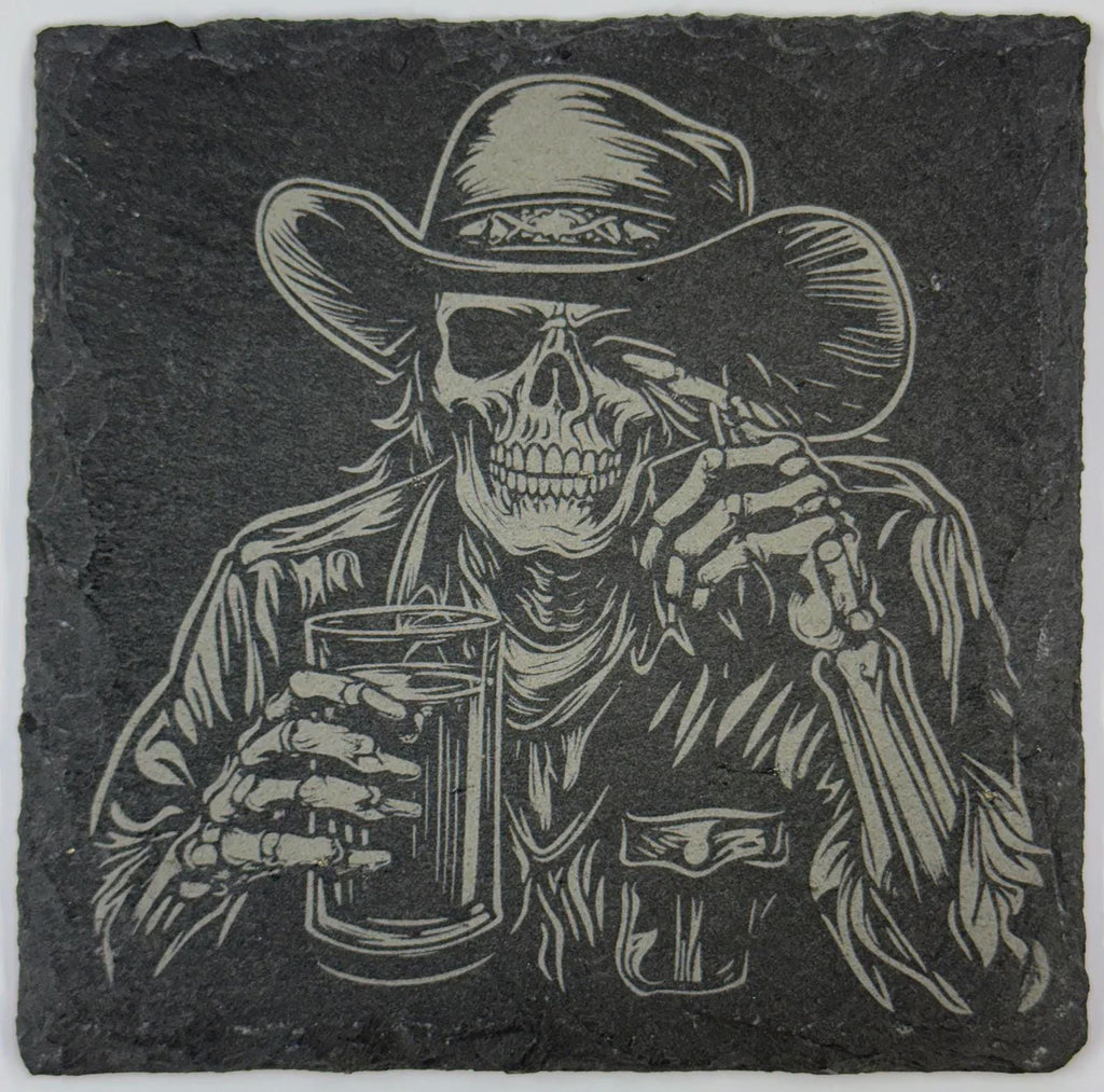 Cowboy Skull with Whiskey Glass – Western Gothic Slate Coaster