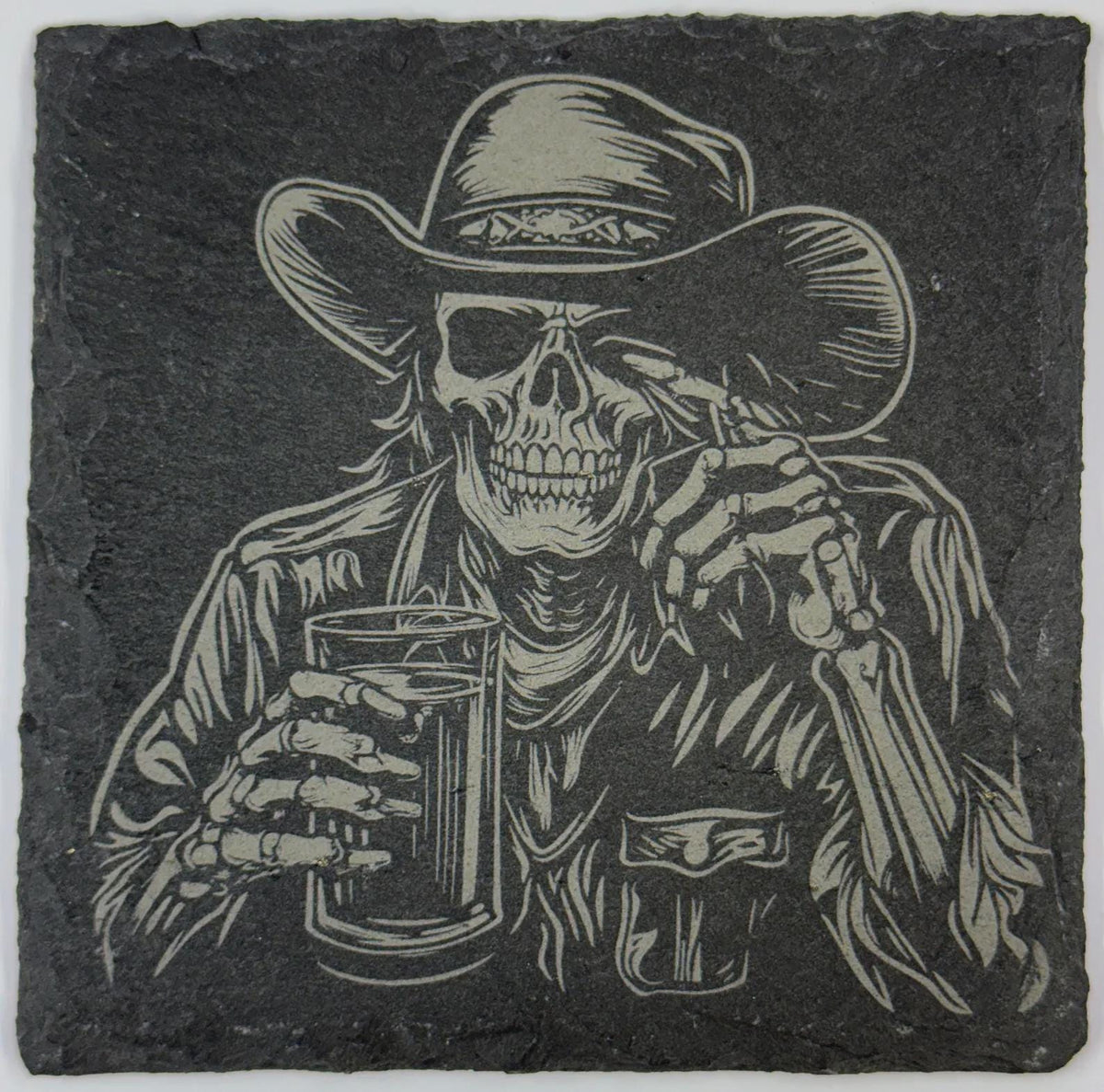 Cowboy Skull with Whiskey Glass – Western Gothic Slate Coaster