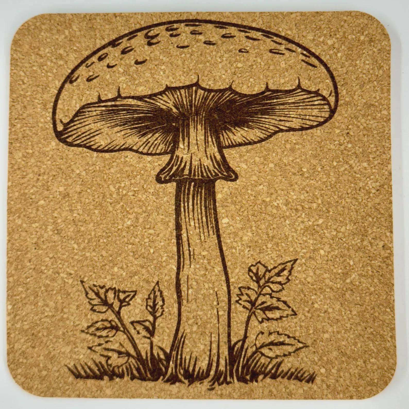 Woodland Mushroom Drawing Cork Coaster – Botanical Nature Art