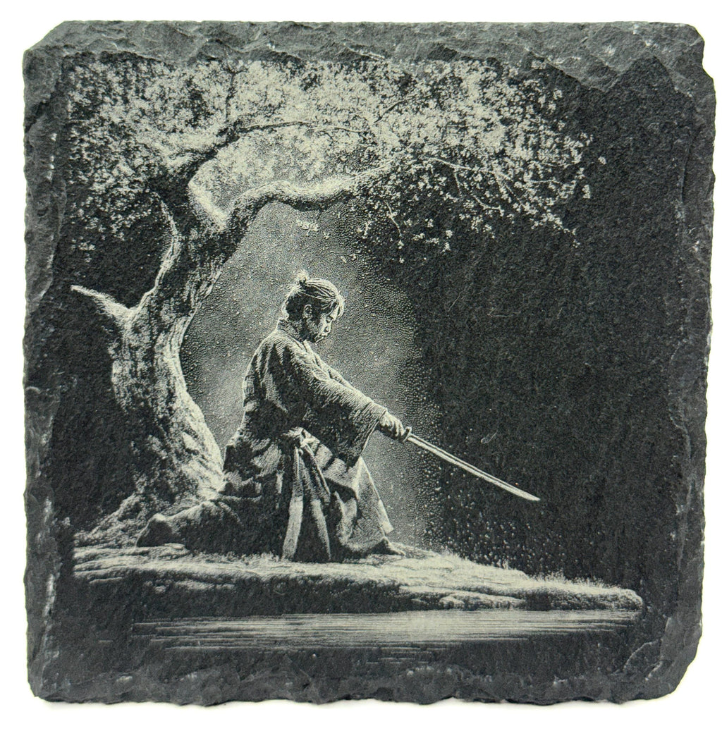 Kneeling Samurai by Tree – Warrior Slate Coaster